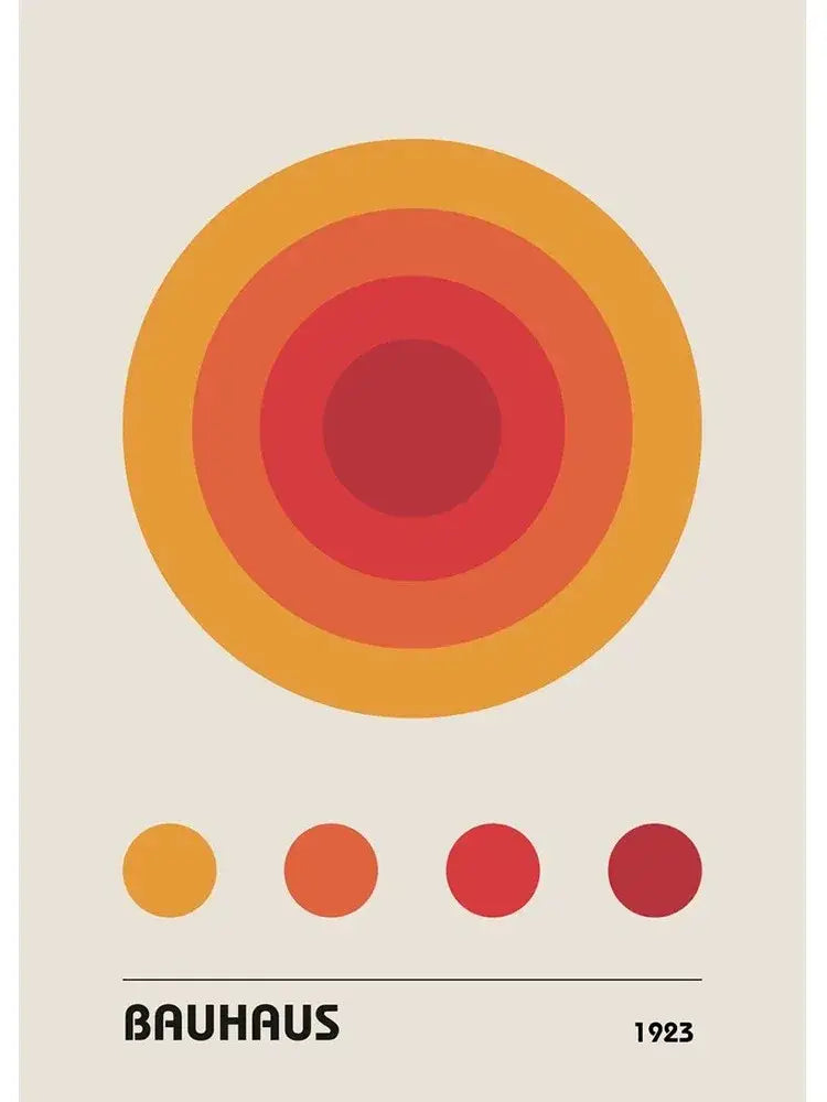 A minimalist bauhaus canvas print in vintage black featuring warm orange and red concentric circles with color swatch