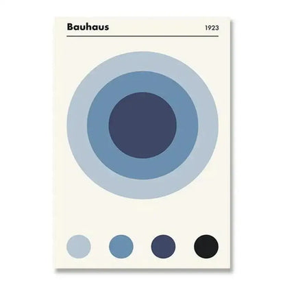 Decorbites™ vintage black and white bauhaus canvas print featuring minimalist concentric circles in blue on cream background