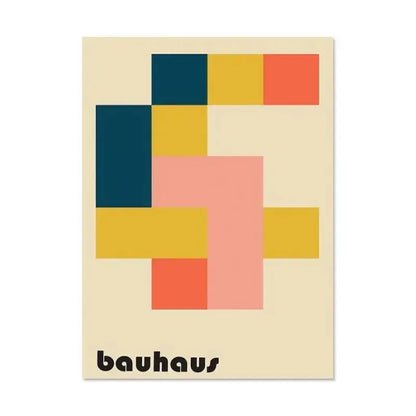Decorbites™ vintage black and white bauhaus canvas print with minimalist geometric design in navy, mustard, coral, and pink