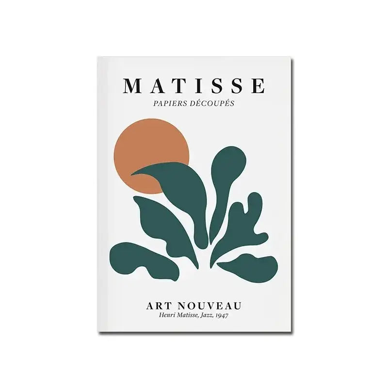 A minimalist canvas print featuring vintage black text and teal leaf shapes on white modernism exhibition cover