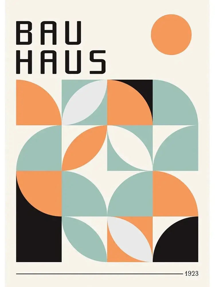 Decorbites™ vintage black and white bauhaus canvas print featuring geometric orange teal and black semicircles design