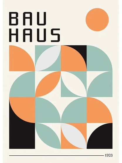 Decorbites™ vintage black and white bauhaus canvas print featuring geometric orange teal and black semicircles design
