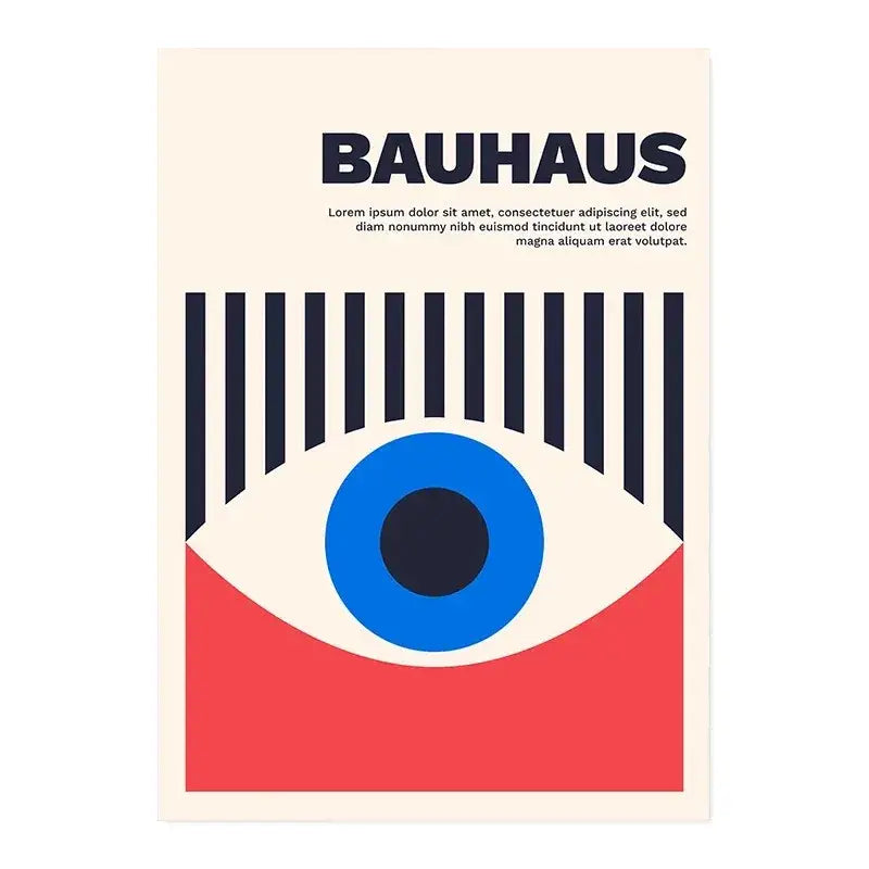 Decorbites™ vintage black and white bauhaus canvas print featuring a stylized eye with blue iris and bold geometric stripes