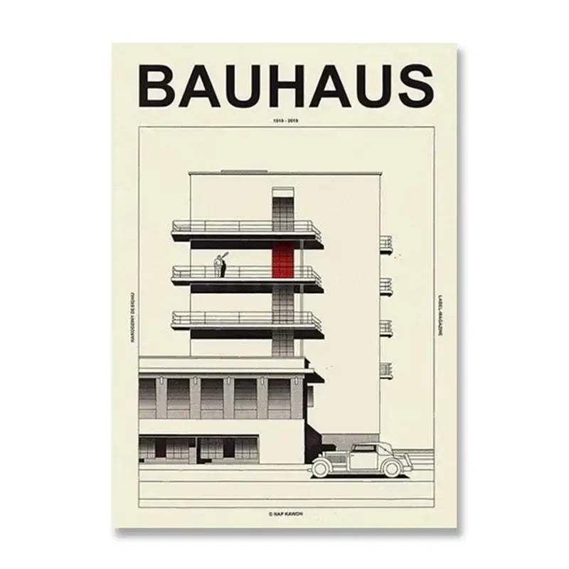 Decorbites™ vintage black and white bauhaus canvas print featuring minimalist architectural design with red door on cream background