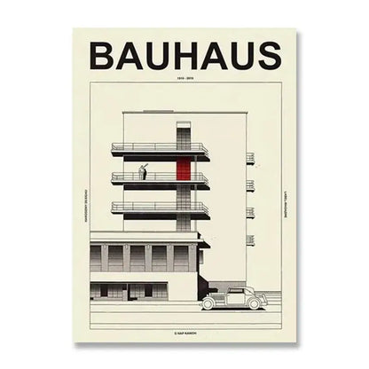 Decorbites™ vintage black and white bauhaus canvas print featuring minimalist architectural design with red door on cream background