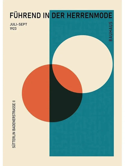 Decorbites vintage black and white bauhaus canvas print with bold teal orange and cream geometric circles on beige background