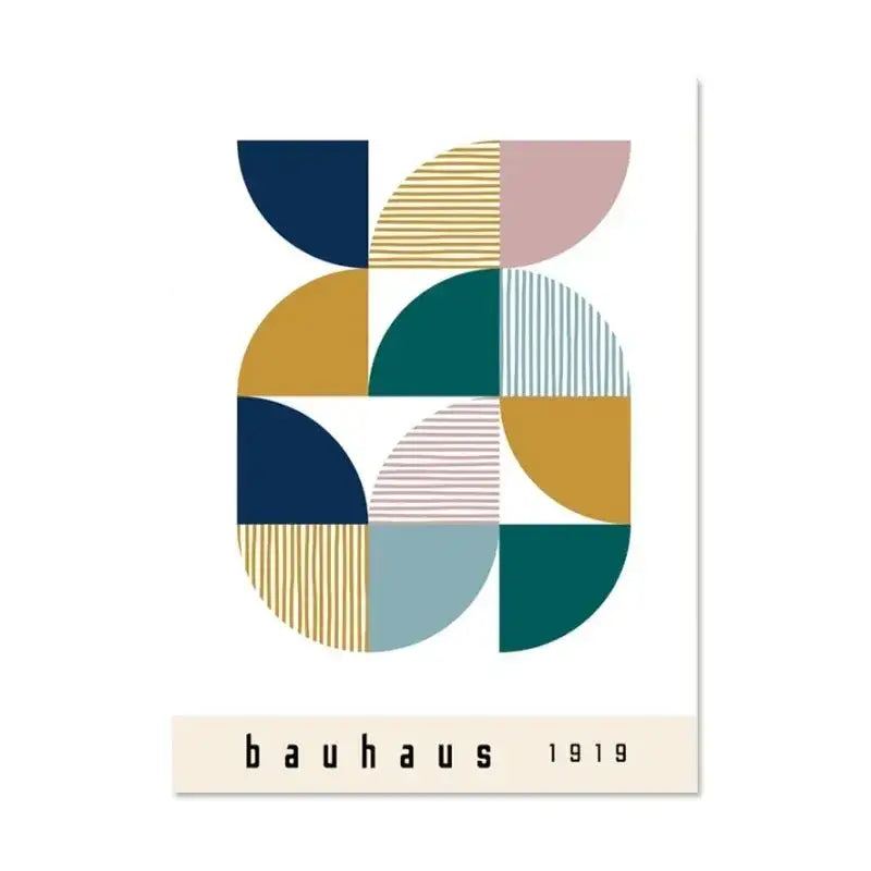 A modern abstract canvas print by decorbites featuring navy blue, mustard yellow, teal, and soft pink geometric design for vintage black white modernism exhibition use