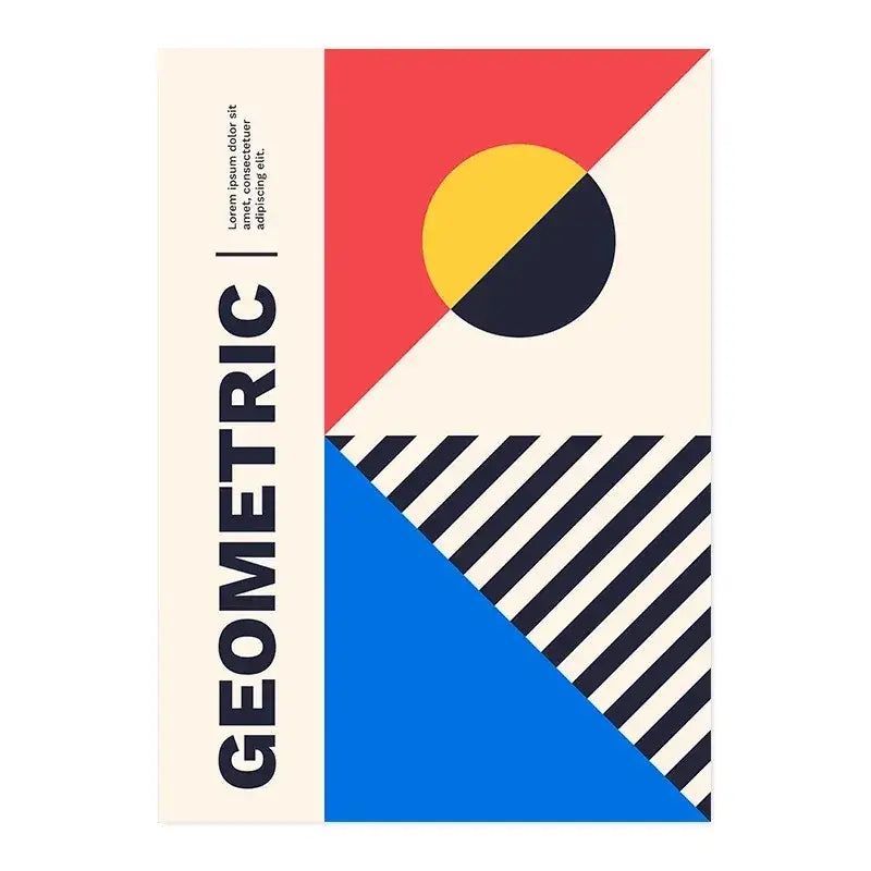 DecorBites™ vintage black and white canvas print with bold red blue cream sections and a split yellow and black circle
