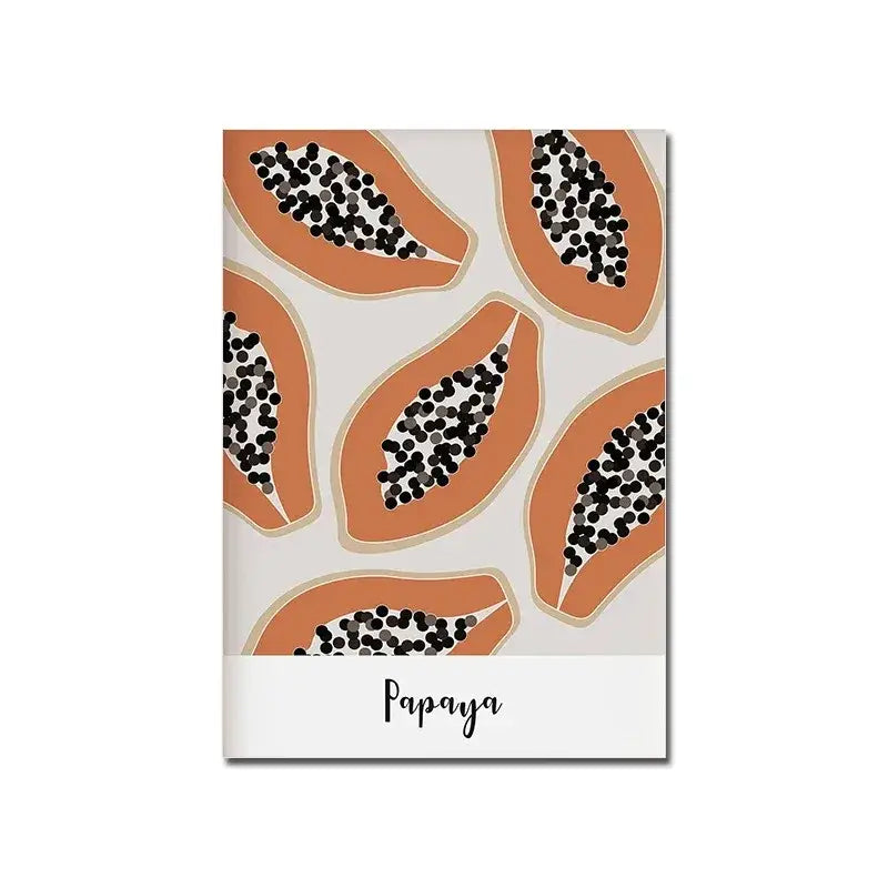 A soft beige notebook with playful papaya pattern paired with decorbites vintage black and white modernism canvas print