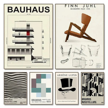Decorbites™ vintage black and white canvas print featuring bauhaus-themed architectural and geometric illustrations