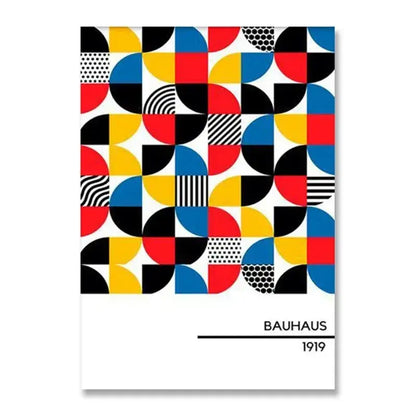 DecorBites™ vintage black and white canvas print with bold bauhaus red yellow blue geometric patterns for modernism exhibition