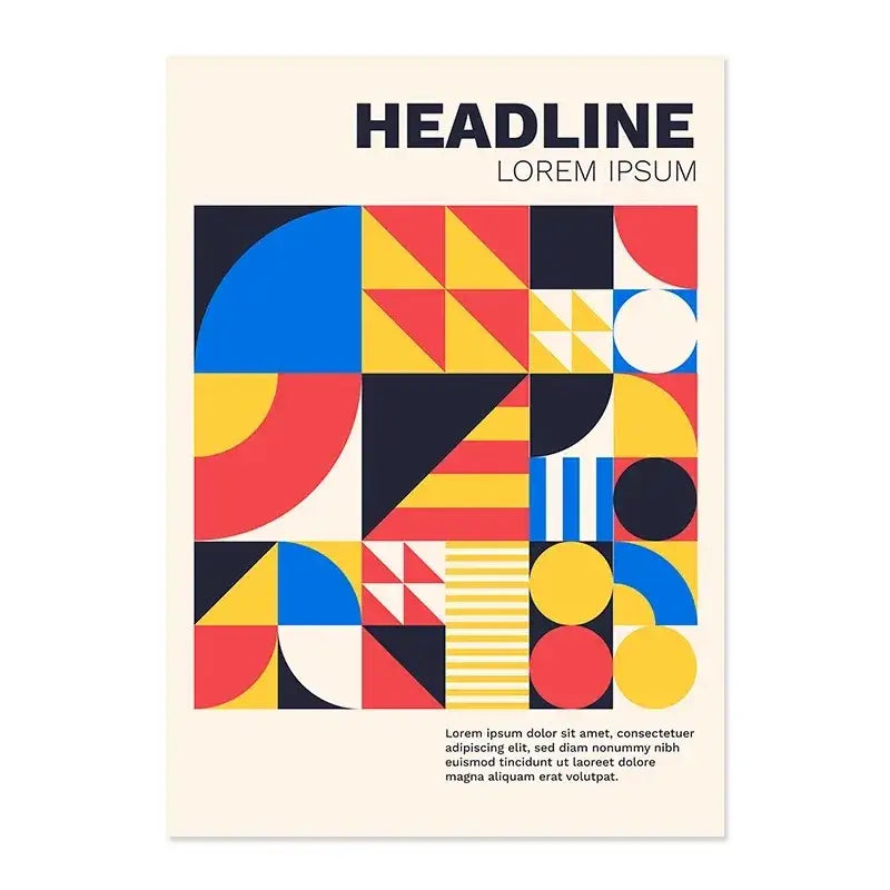 DecorBites™ vintage black and white modernism exhibition canvas print with vibrant geometric red yellow and blue shapes on cream