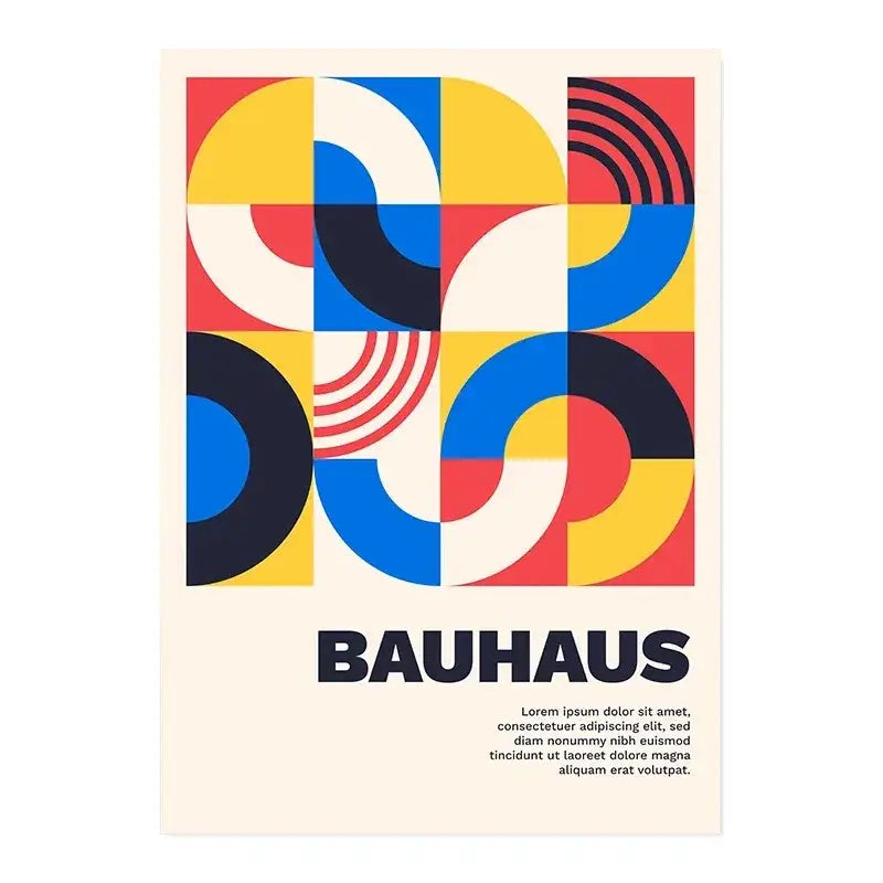 Vibrant geometric bauhaus canvas print with bold red yellow blue and black shapes on cream for vintage black and white modernism exhibition