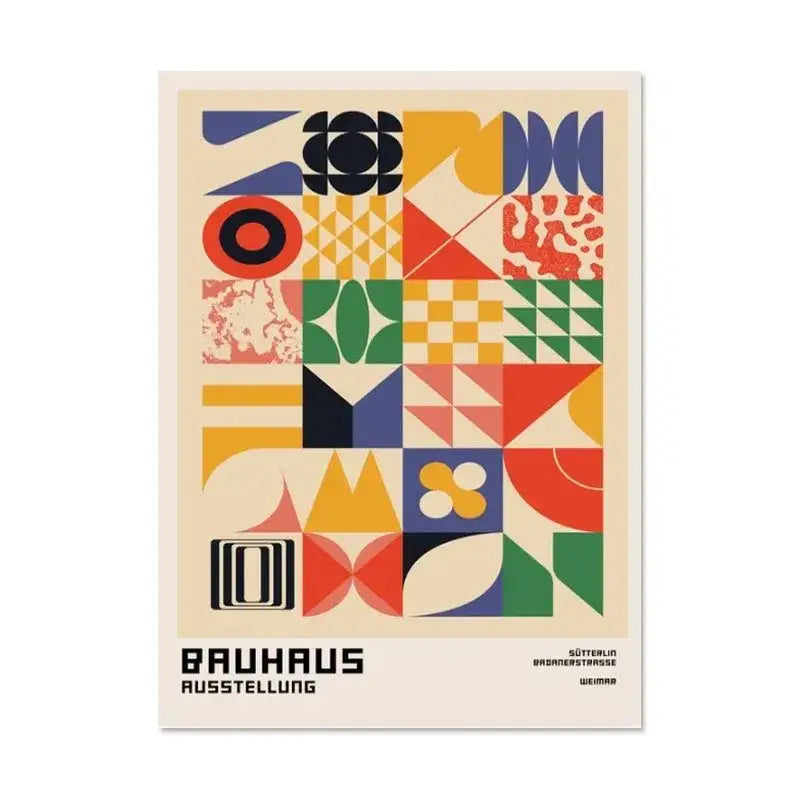 A decorbites™ canvas print featuring vibrant geometric shapes in vintage black and white modernism exhibition style