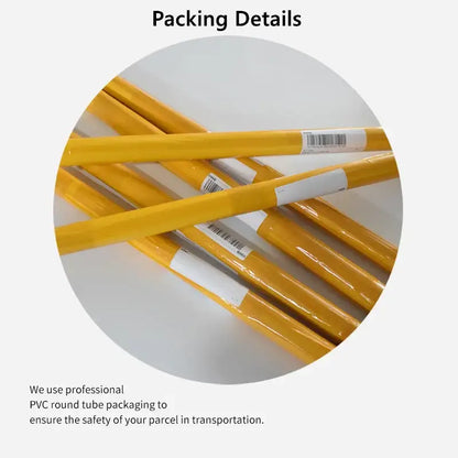 Yellow pvc round tubes wrapped in clear plastic with white labels for decorbites vintage black canvas print exhibit