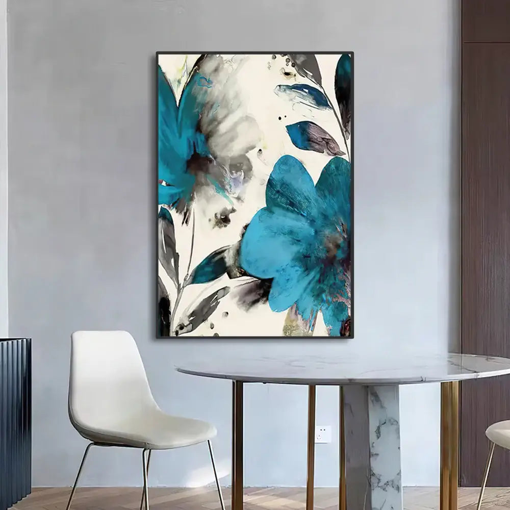 Decorbites™ vintage botanical flower canvas wall art featuring bold teal blossoms and dark leaves on cream background