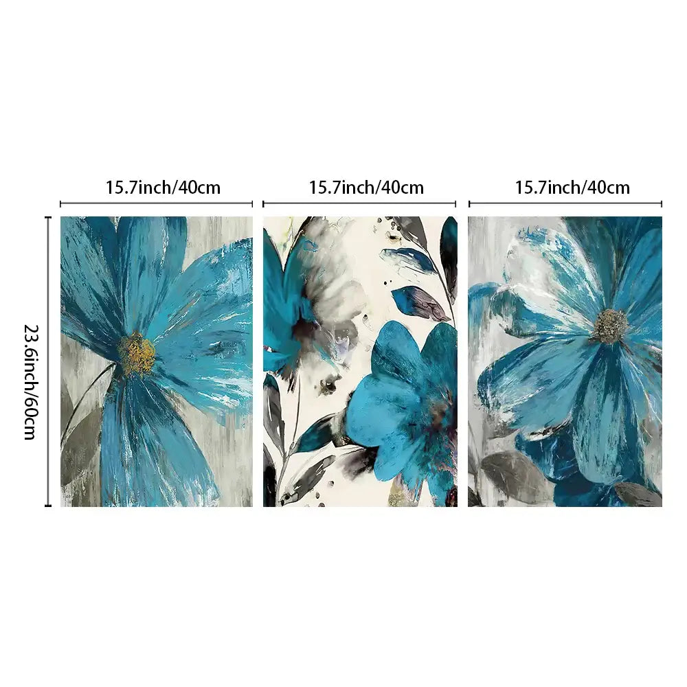 Set of three abstract blue floral wall art paintings with textured brushstrokes and gold centers, vintage blue paint botanical print