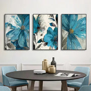 Set of three framed DecorBites™ vintage blue paint botanical print canvas wall art with textured brushstrokes and gray accents