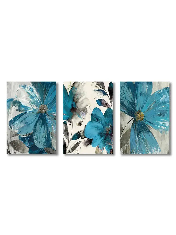 Set of three canvas wall art featuring vintage blue paint botanical print flowers with textured brushstrokes and gray accents