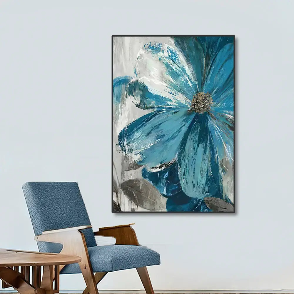 DecorBites vintage botanical print wall art featuring a vibrant blue textured flower with a metallic center in black frame