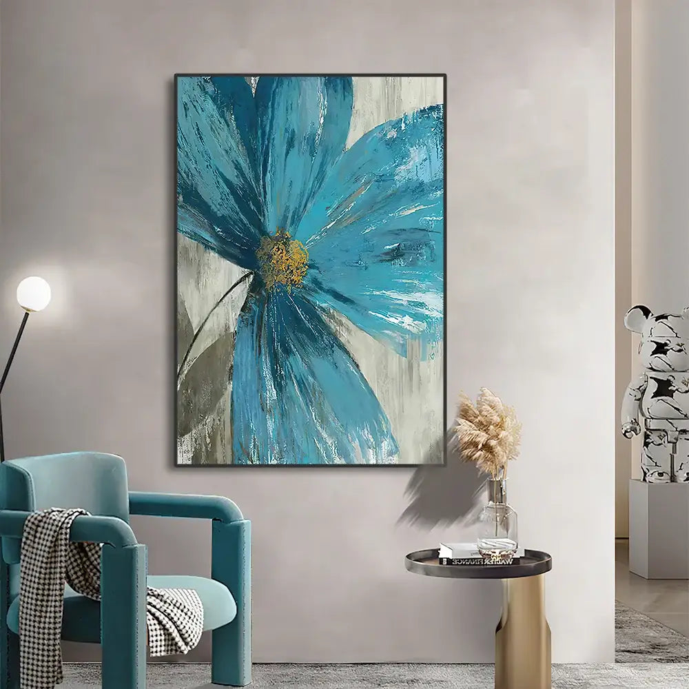 DecorBites™ vintage botanical print wall art featuring a vibrant blue textured flower with a golden center