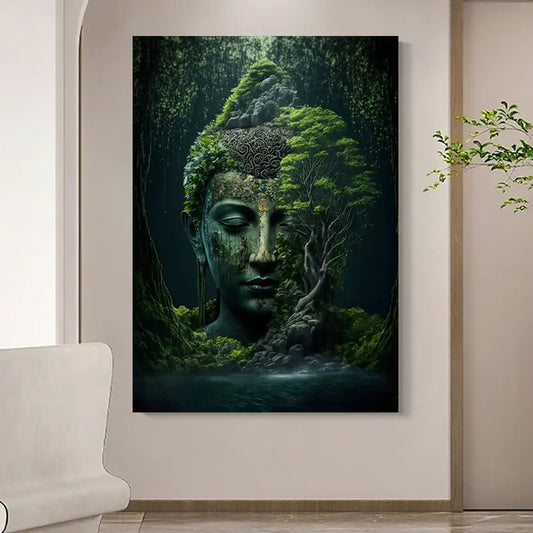 Decorbites™ vintage buddha canvas print featuring a dark-toned buddha face with green moss wall art poster for home décor