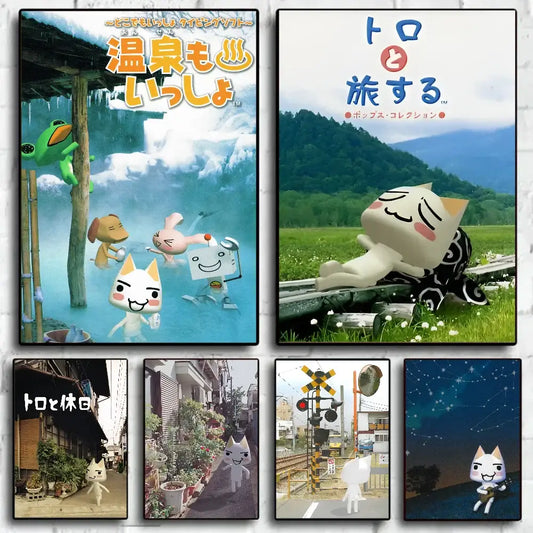 A collection of vibrant decorbites™ vintage cat movie posters featuring toro from toro to taberu for home decor
