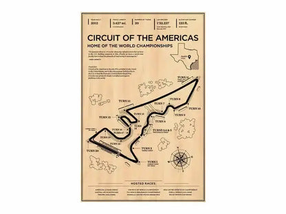 Beige poster by decorbites featuring a black line drawing of the circuit of the americas race track with turn labels and compass rose for monaco grand prix decor