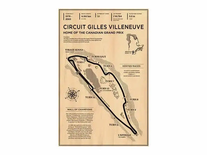 Vintage f1 monaco grand prix racing poster featuring a sepia-toned map of circuit gilles villeneuve with labeled turns and race history