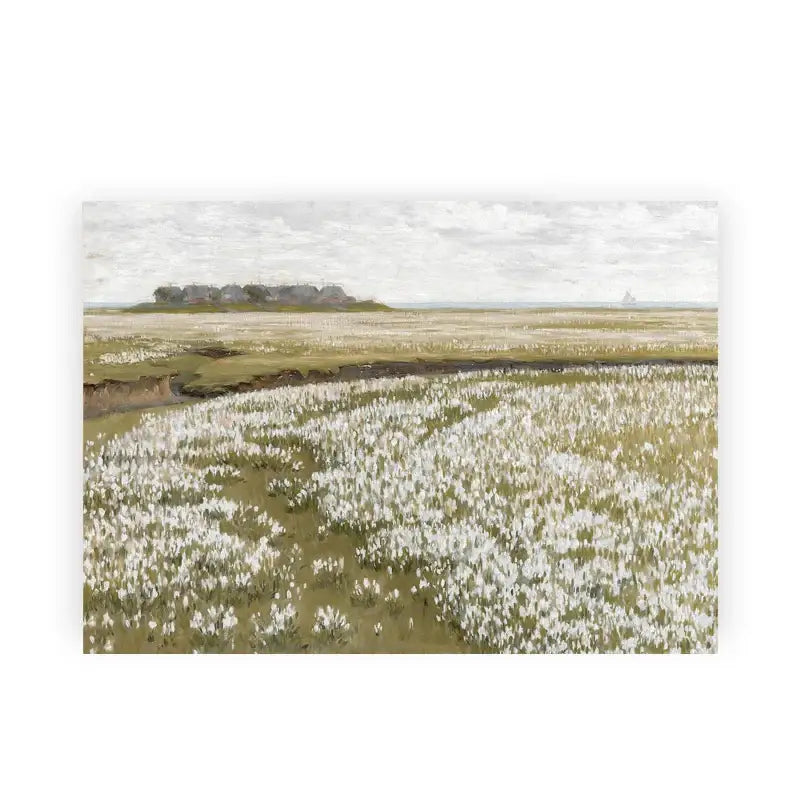 Rectangular canvas wall art by decorbites featuring a vintage farmhouse landscape with white flowers under overcast sky