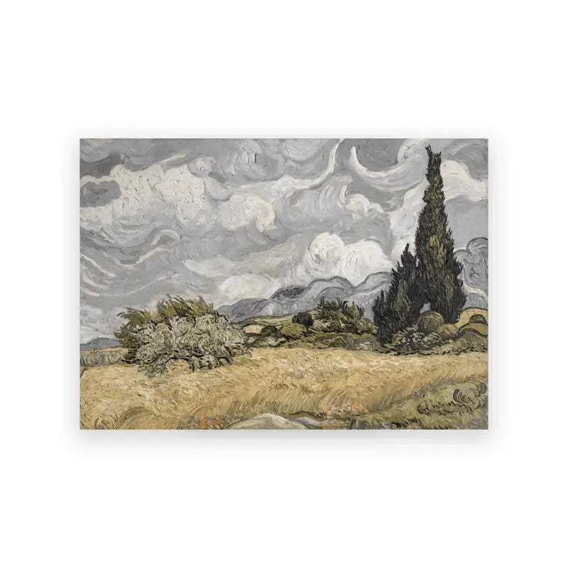 DecorBites™ vintage farmhouse landscape wall art canvas featuring textured earthy yellows and deep greens by Van Gogh