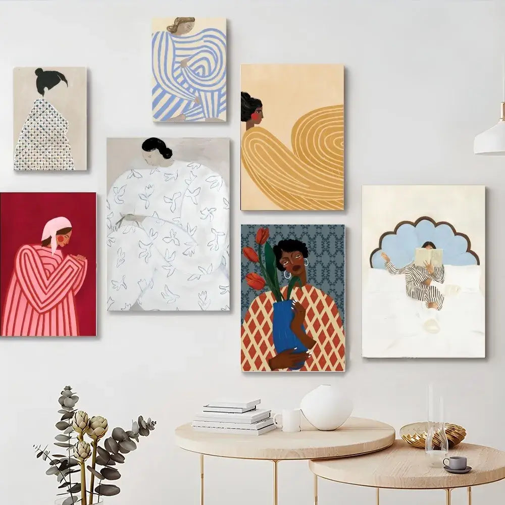 A collection of seven stylized vintage fashion girl posters on canvas featuring illustrated women for home decor