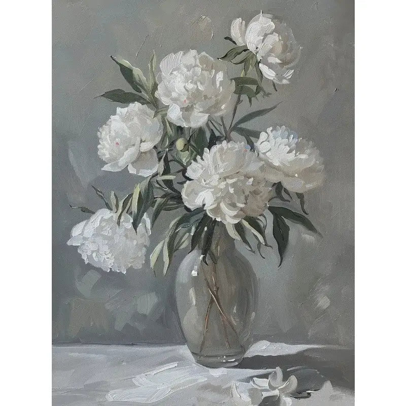DecorBites™ vintage floral vase canvas wall art featuring a clear glass vase with white peonies and green leaves