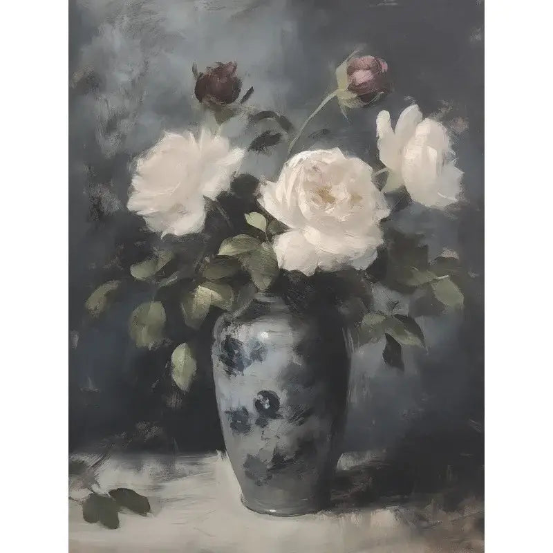 DecorBites™ vintage floral vase canvas wall art featuring a dark blue and white ceramic vase with creamy white roses
