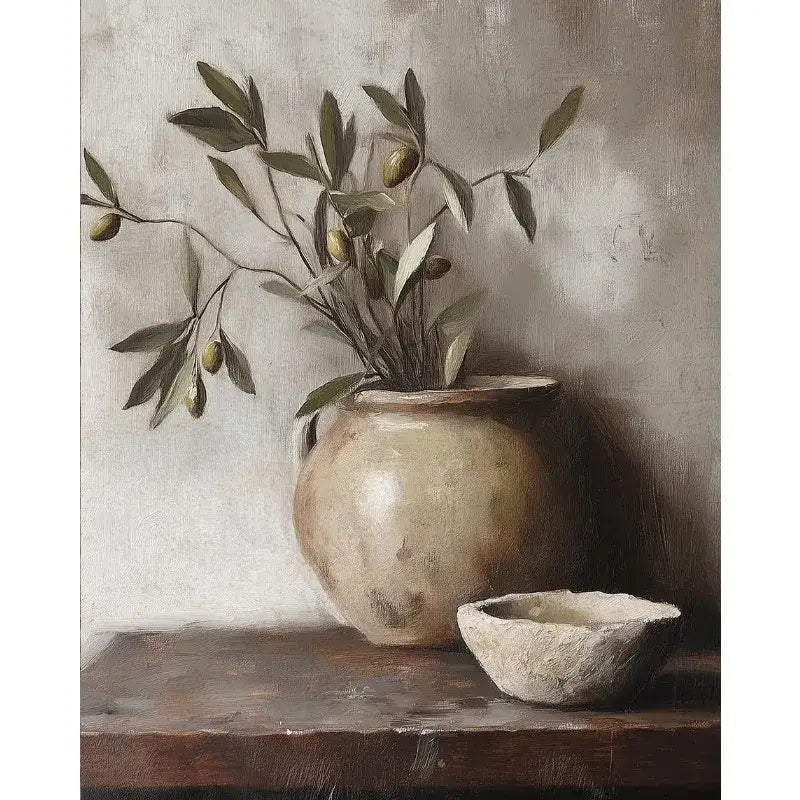 Earthenware olive branch vase with textured muted beige surface and rustic handle in DecorBites vintage floral vase canvas wall art