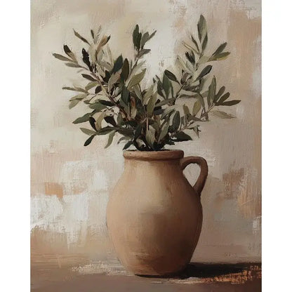 DecorBites™ vintage floral vase canvas wall art featuring an earthenware pitcher with olive branches arrangement