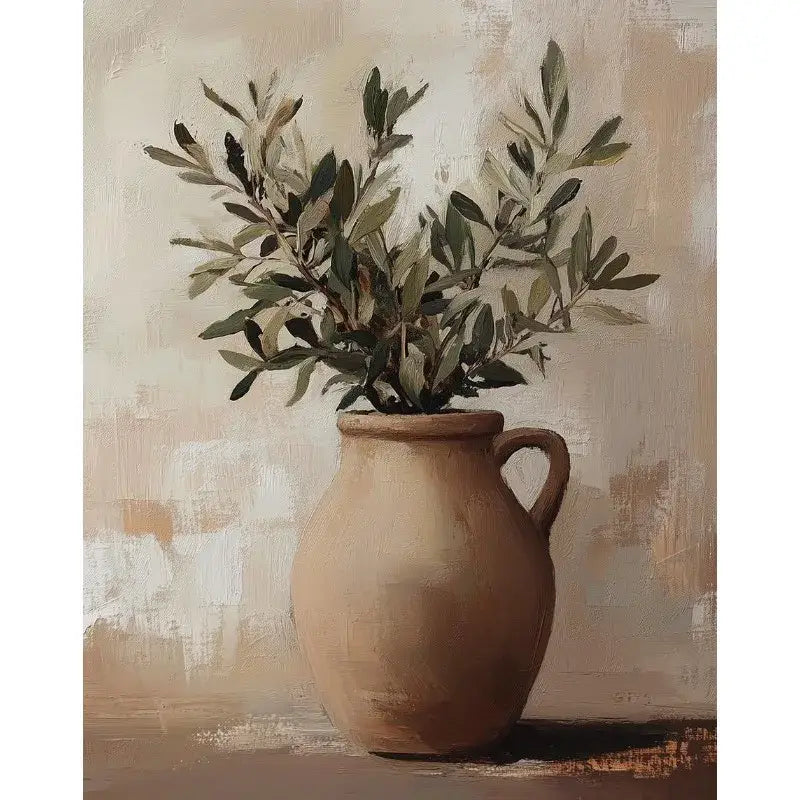 DecorBites™ vintage floral vase canvas wall art featuring an earthenware pitcher with olive branches arrangement