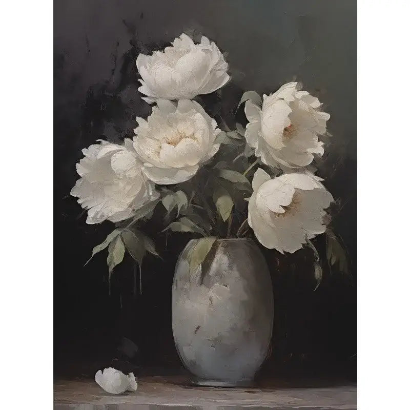 Decorbites™ vintage floral vase canvas wall art featuring a matte gray ceramic vase with white peonies and green leaves