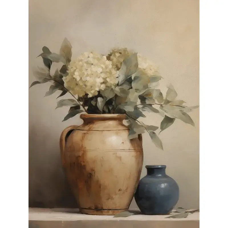 DecorBites™ vintage floral vase canvas wall art featuring rustic earth-toned ceramic vase with white hydrangeas
