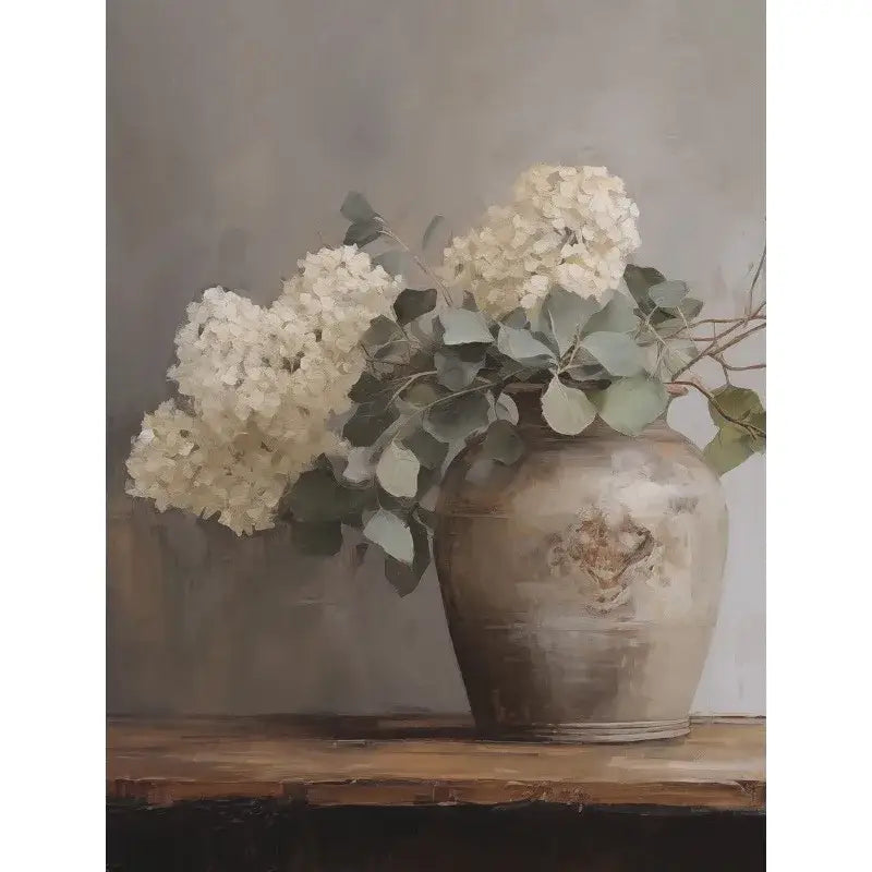 DecorBites™ vintage floral vase canvas wall art featuring a rustic earth-toned ceramic vase with white hydrangeas