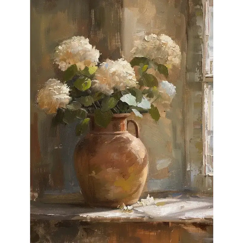 Decorbites™ vintage floral vase canvas wall art featuring a rustic terracotta pitcher with white hydrangeas