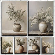Set of six DecorBites vintage floral vase canvas prints featuring rustic ceramic vases with olive branches and white blossoms