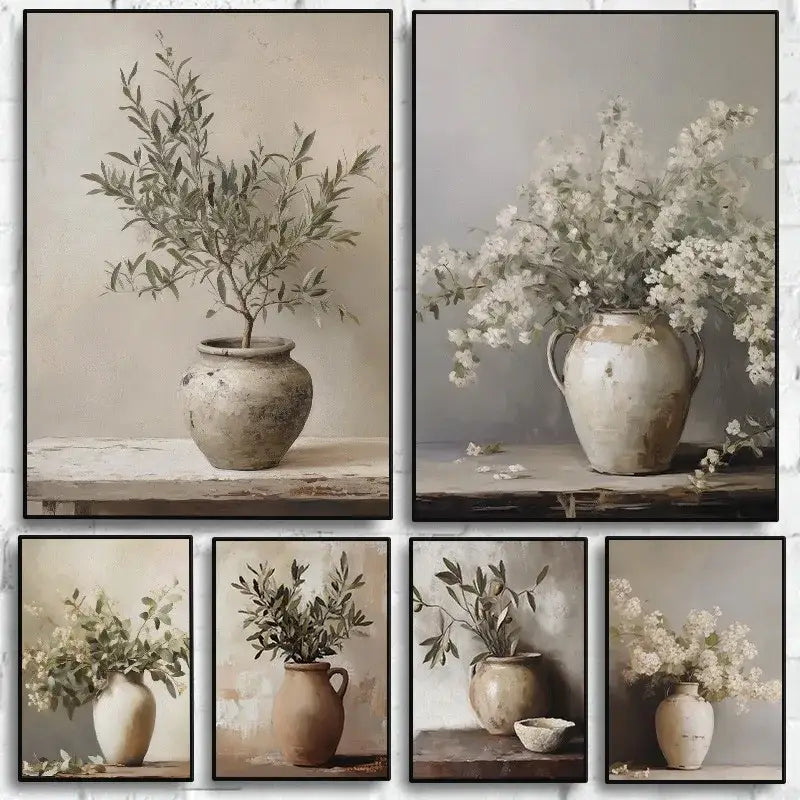 Set of six DecorBites™ vintage floral vase canvas prints featuring rustic ceramic vases with olive branches in earth tones