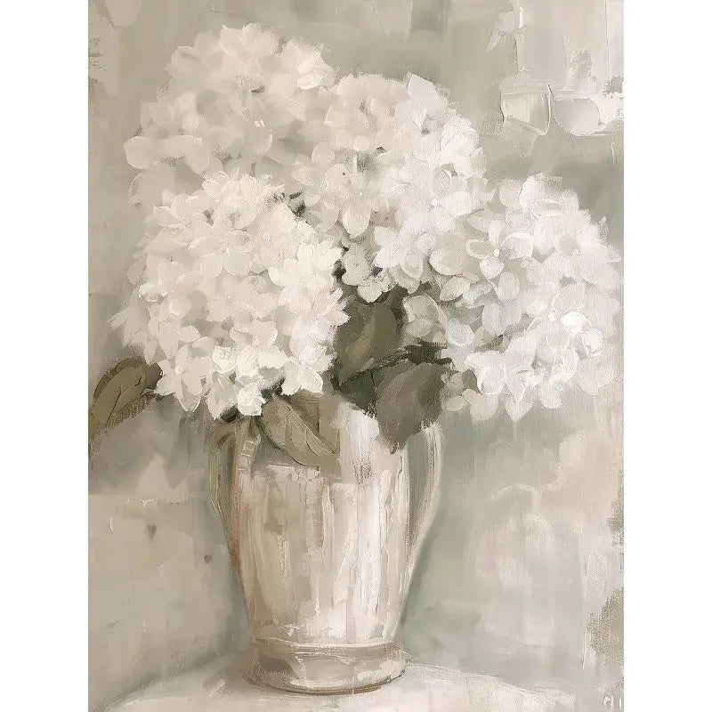 DecorBites™ vintage floral vase canvas wall art featuring an impressionistic white hydrangea bouquet in an off-white ceramic pitcher