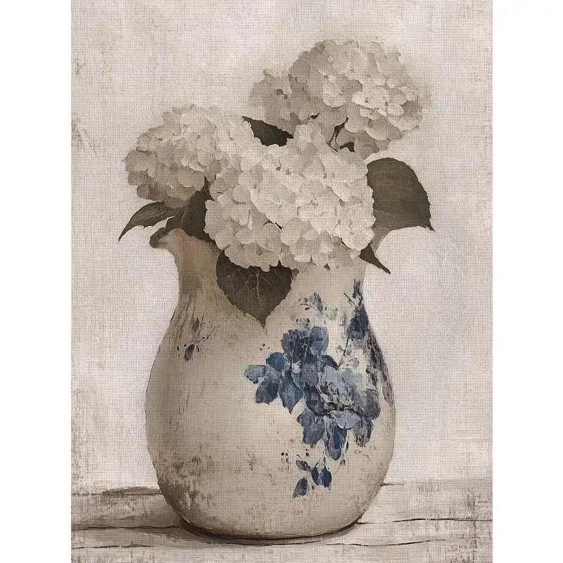 DecorBites™ vintage floral vase canvas wall art featuring a ceramic beige vase with blue floral accents and white hydrangeas