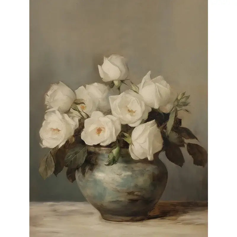 A vintage-style ceramic vase with mottled blue and gray glaze holding delicate white roses in decorbites™ floral wall art