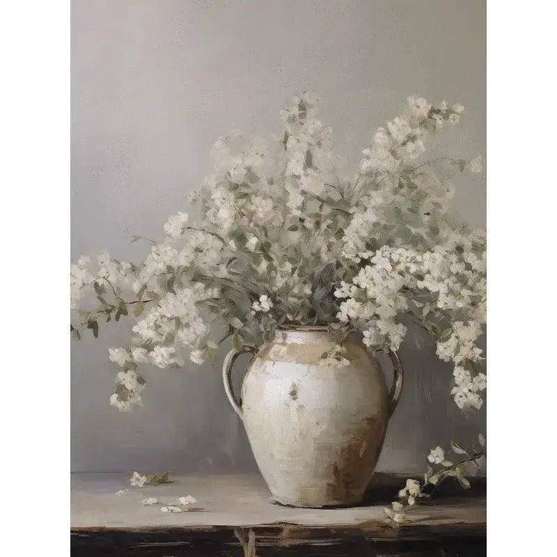 Decorbites™ vintage floral vase canvas wall art features an off-white ceramic vase with two handles and white blossoms