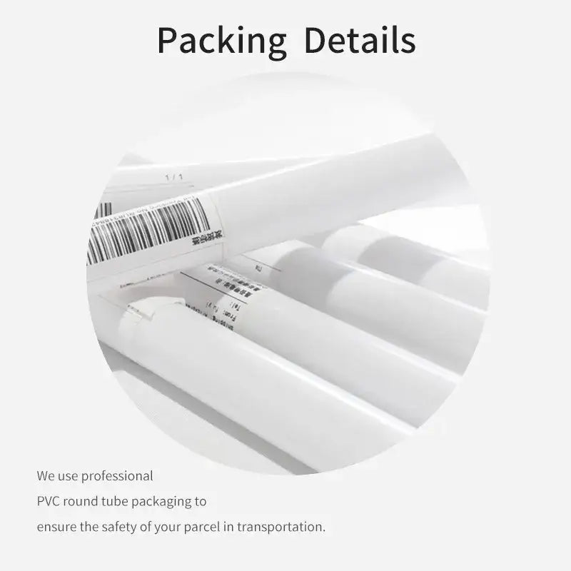 White pvc round tubes with barcode labels used for packaging decorbites vintage floral vase canvas wall art