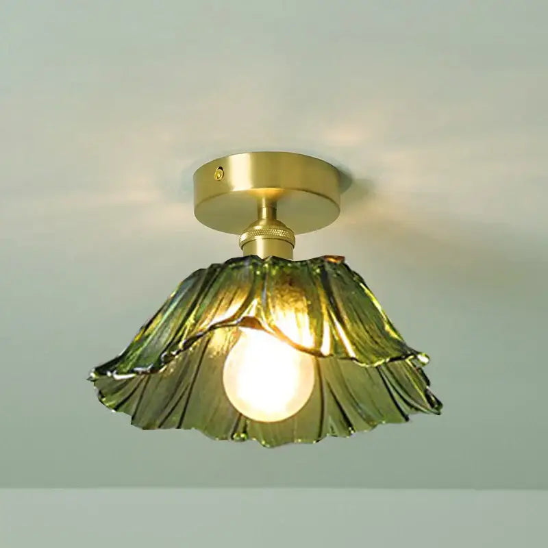 Decorbites vintage flower glass pendant lights with brass finish and green lotus leaf shade for home decor