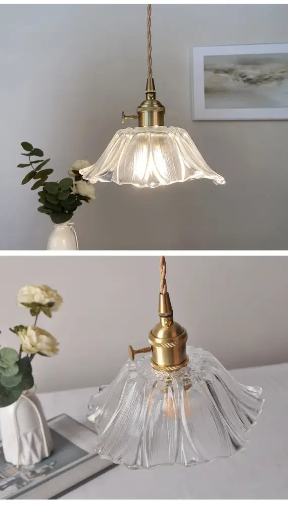 Clear glass flower pendant lights with brass-finished metal fixture and fluted petal design for home decor